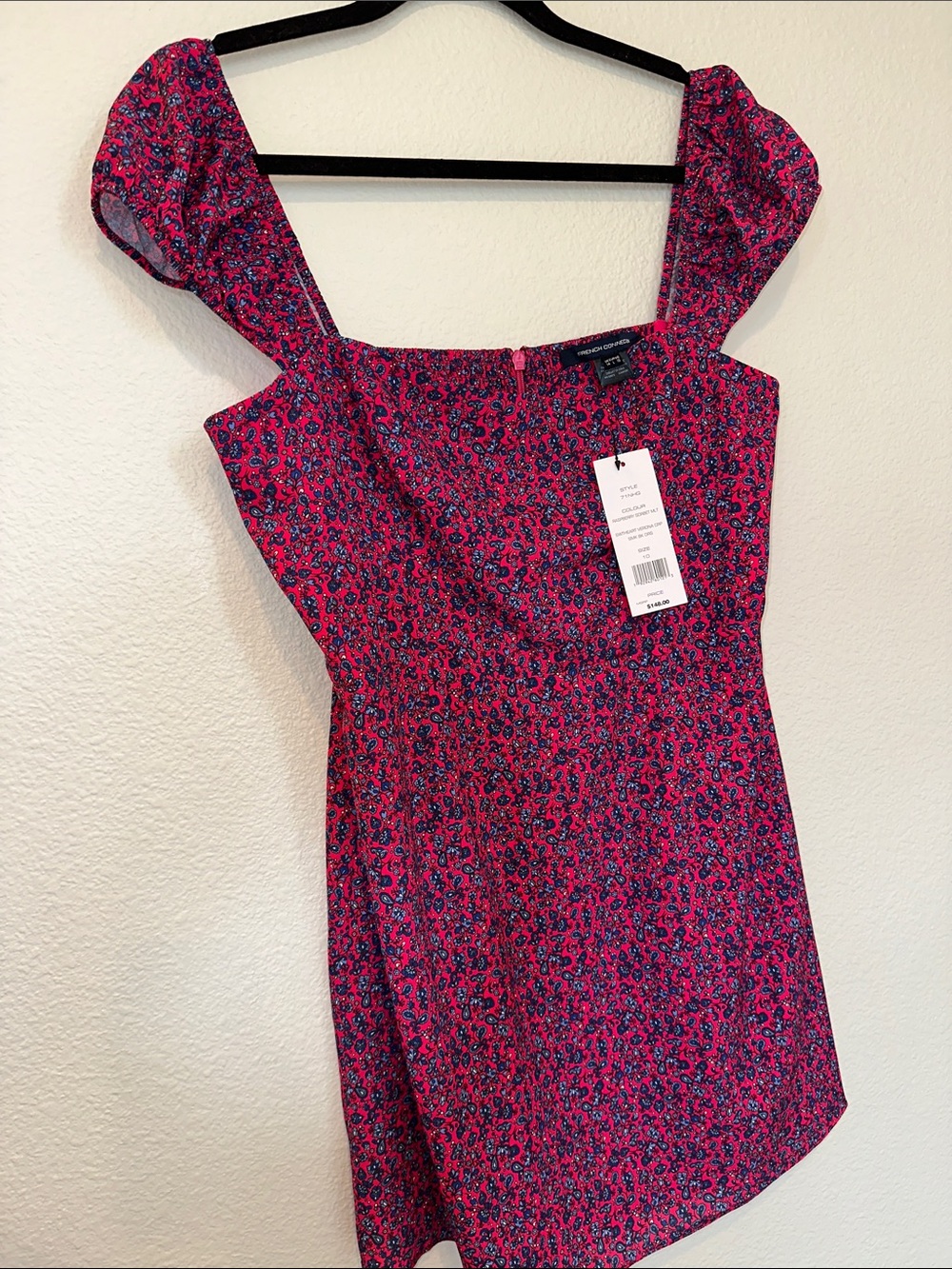 French Connection NWT Raspberry Floral Dress Size 10 Square Neck Puff Sleeve